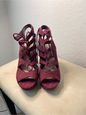 Bar III Lace-Up Cutout Peep-Toe Heels in Wine